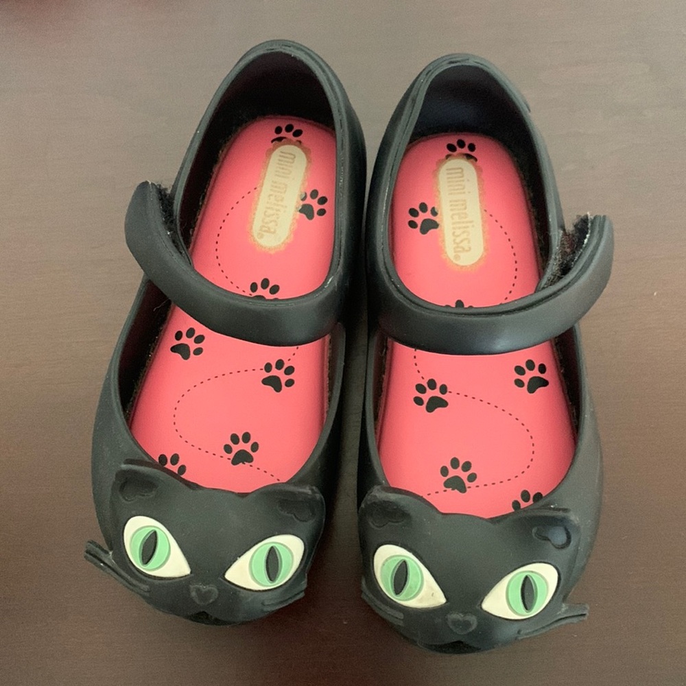 Mini Melissa Black Cat Mary Janes with Pink Insoles and Green Eyes